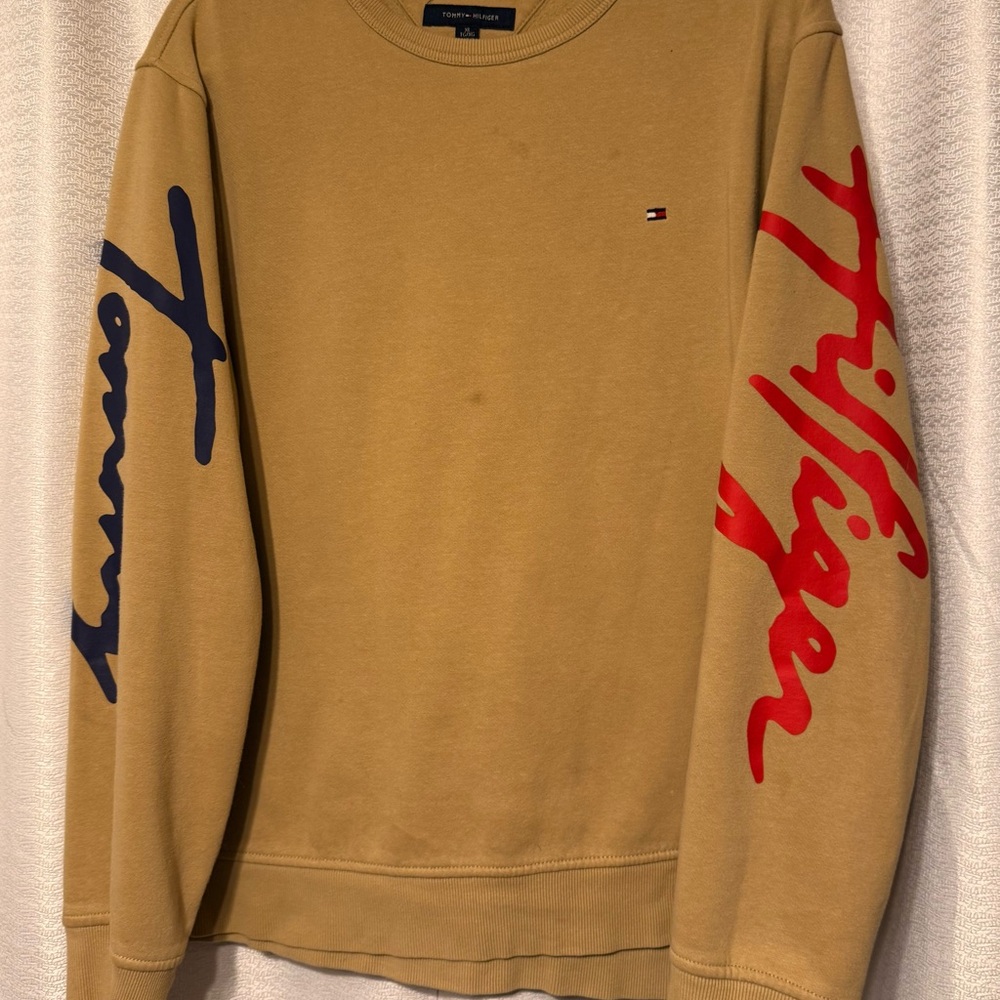 Tommy Hilfiger Men's Tan Crewneck Sweater with Red and Blue Details